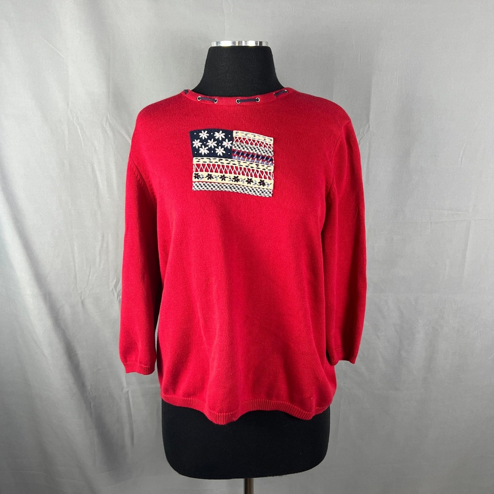 Vintage Alfred Dunner Sweater Womens Medium Red Embroidered Flag Cotton Cozy